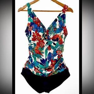 Croft & Barrow Blue Floral Print Ruched One-Piece Size 16